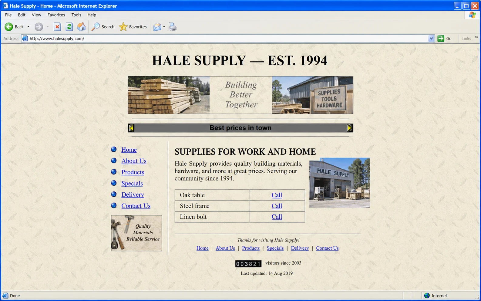 A 2003-era supplier website with a visitor counter and a table of products all priced Call