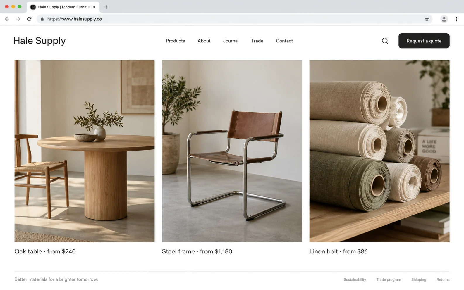 A modern supplier website with product photography, real prices and a Request a quote button