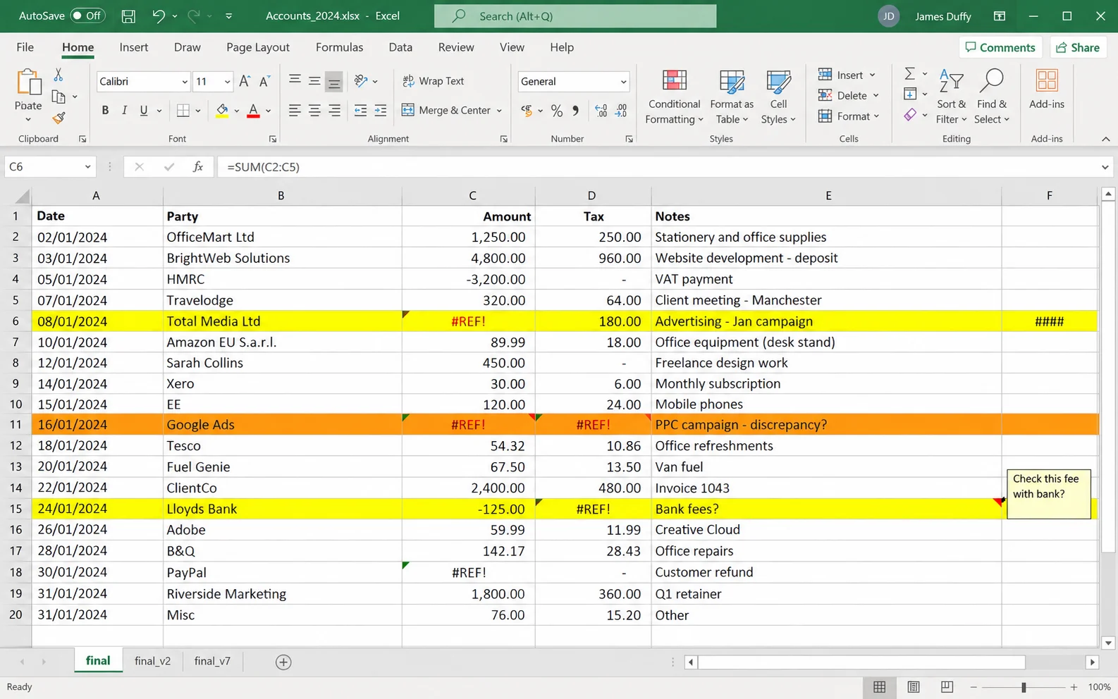 A spreadsheet full of #REF! errors with sheet tabs named final, final_v2 and final_v7