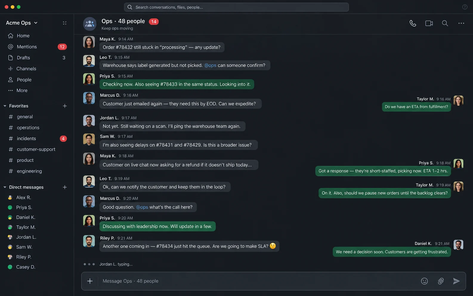 A busy team chat with fourteen unread messages and unanswered questions about orders