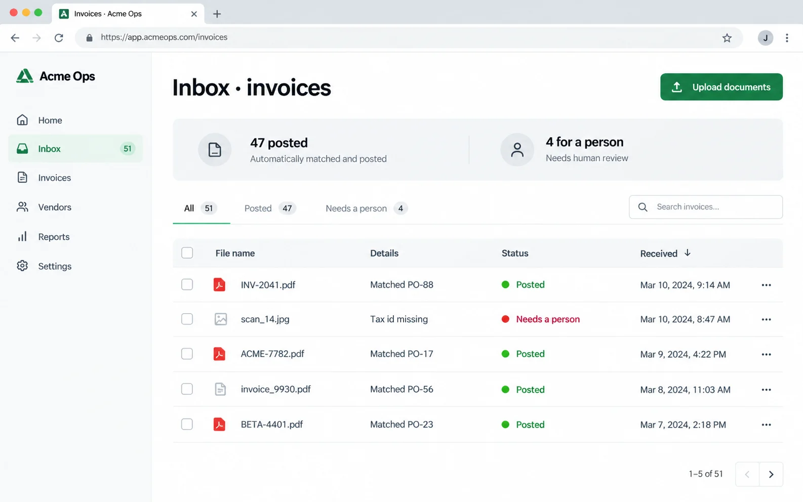 An automated invoice inbox showing documents matched and posted, a few flagged for a person