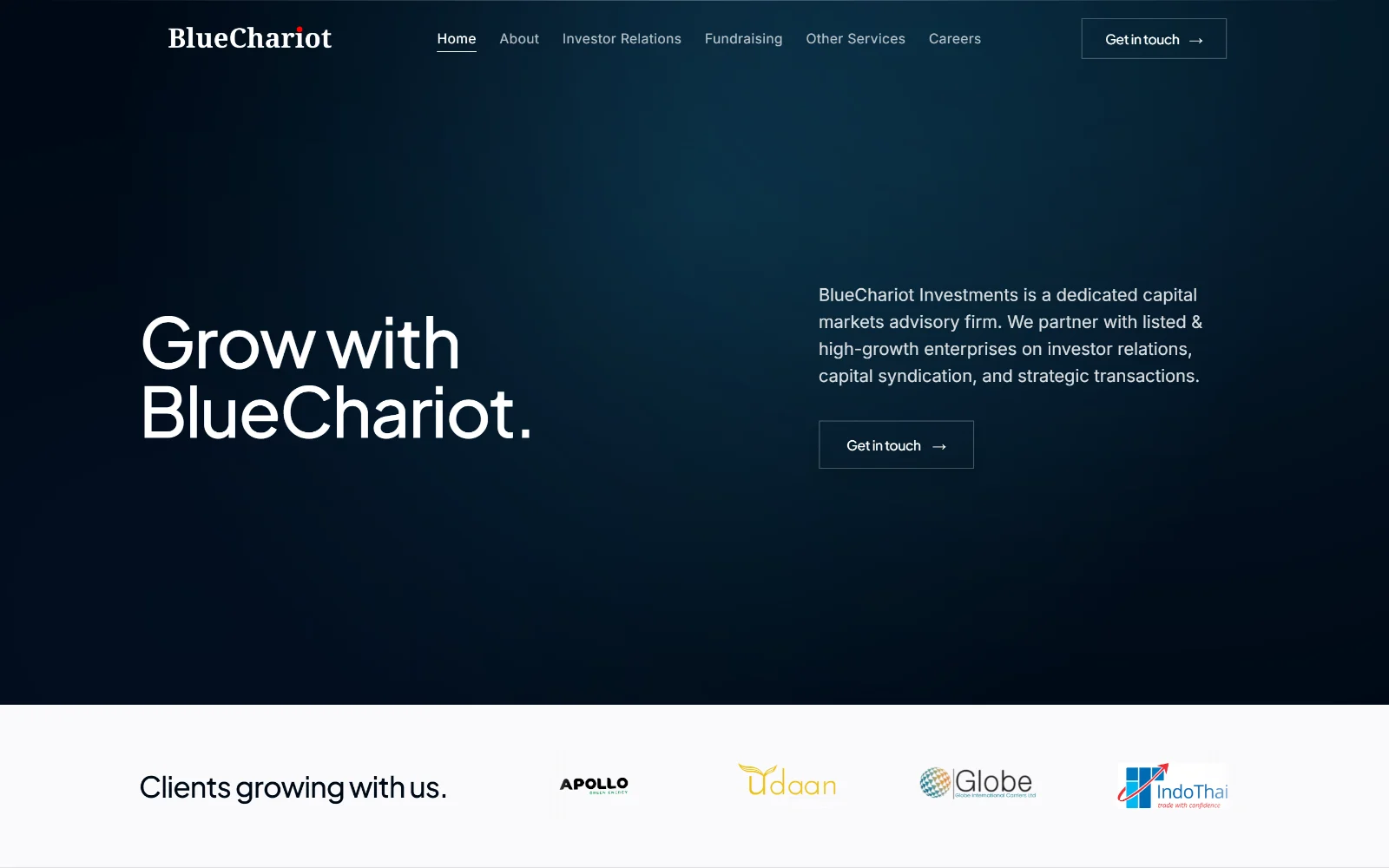 The BlueChariot Investments homepage, a dark navy hero reading Grow with BlueChariot above a row of client logos