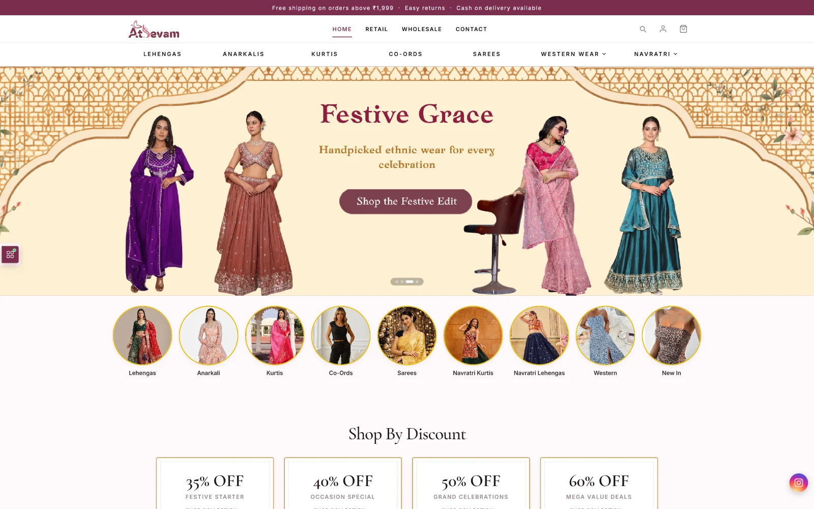 The Atsevam homepage showing a Festive Grace banner, category circles and a Shop By Discount section